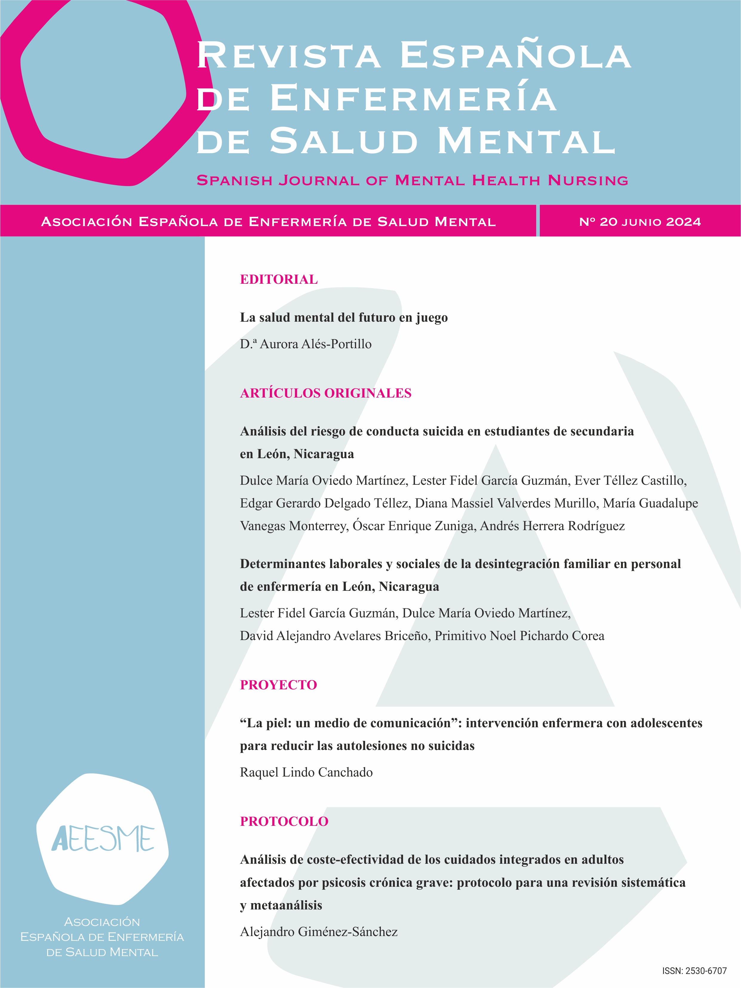 					Ver Núm. 20 (2024): REESME 20: Revista Española de Enfermería de Salud Mental (Spanish Journal of Mental Health Nursing)
				